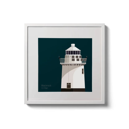 Illustration of Blackrock lighthouse on a midnight blue background,  in a white square frame measuring 20x20cm.