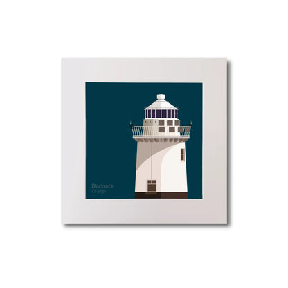 Illustration of Blackrock lighthouse on a midnight blue background, mounted and measuring 20x20cm.