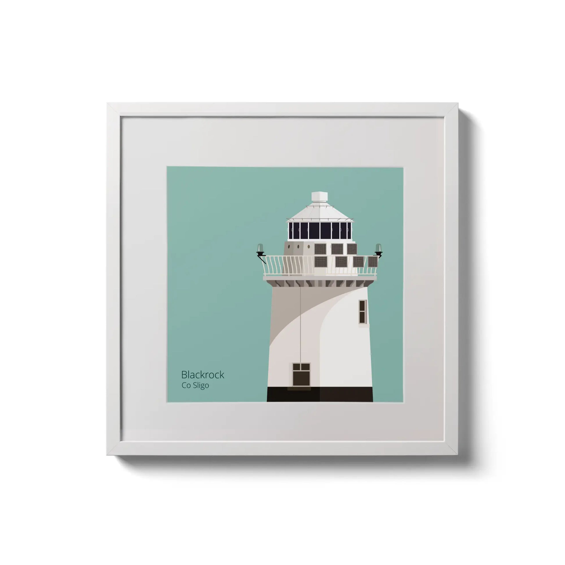 Illustration of Blackrock lighthouse on an ocean green background,  in a white square frame measuring 20x20cm.