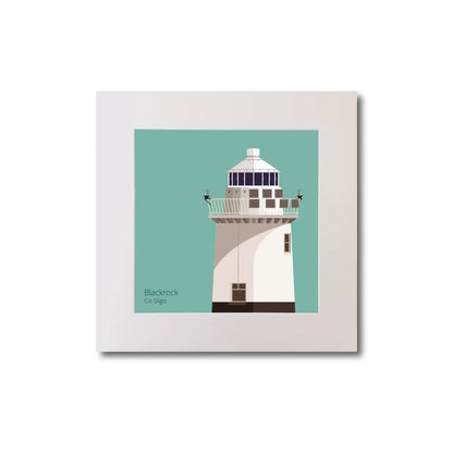 Illustration of Blackrock lighthouse on an ocean green background, mounted and measuring 20x20cm.
