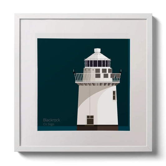 Illustration of Blackrock lighthouse on a midnight blue background,  in a white square frame measuring 30x30cm.