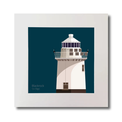 Illustration of Blackrock lighthouse on a midnight blue background, mounted and measuring 30x30cm.