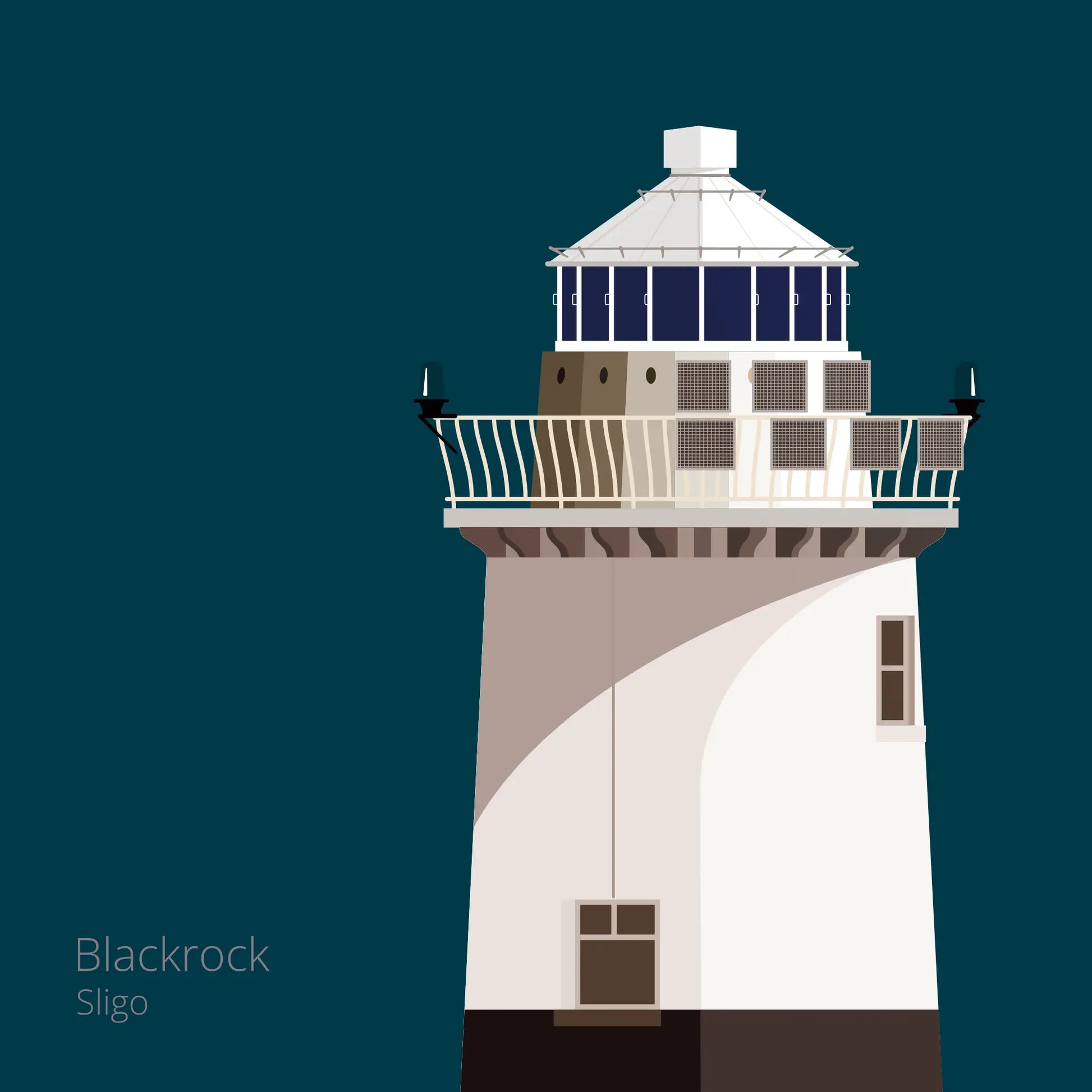 Illustration of Blackrock lighthouse on a midnight blue background