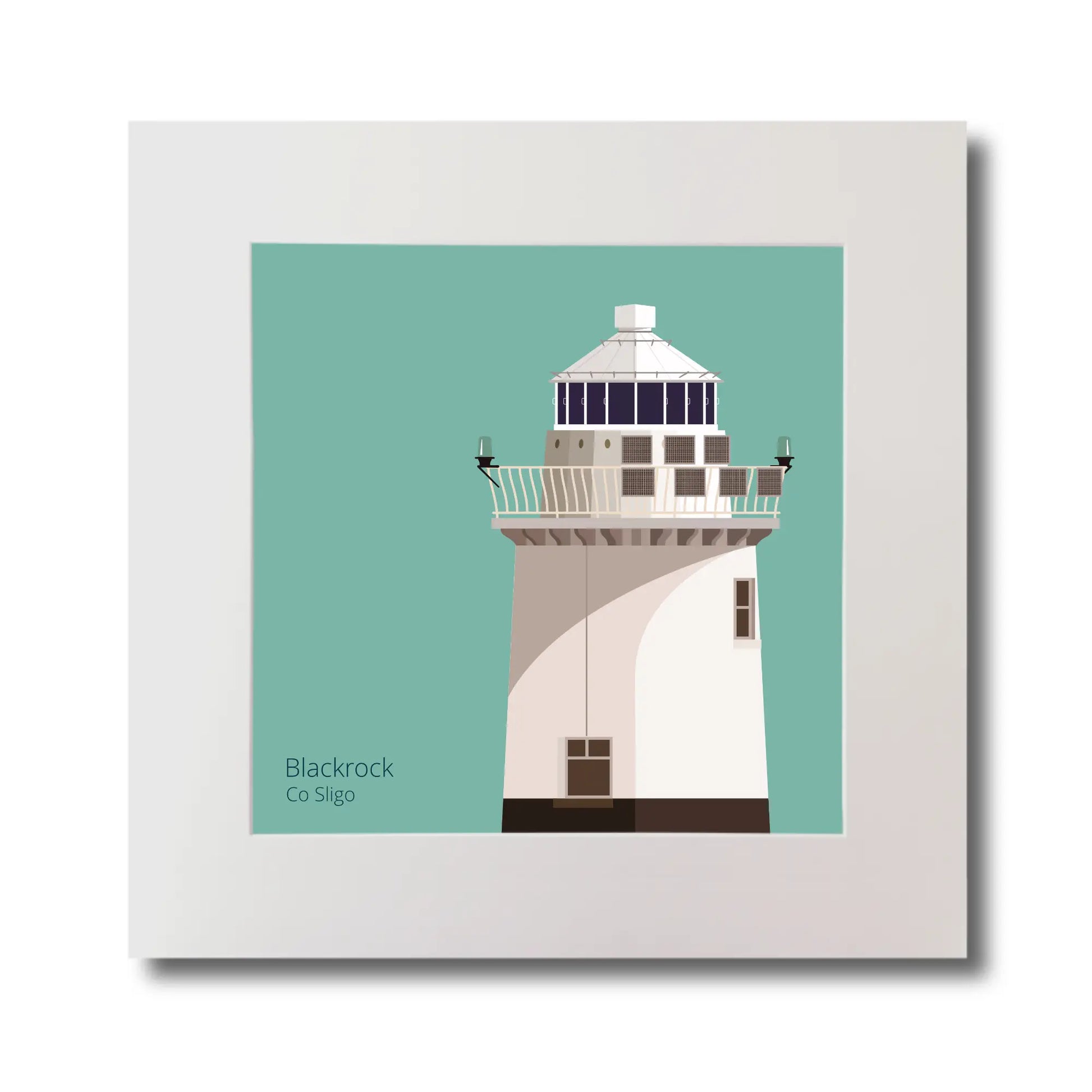 Illustration of Blackrock lighthouse on an ocean green background, mounted and measuring 30x30cm.