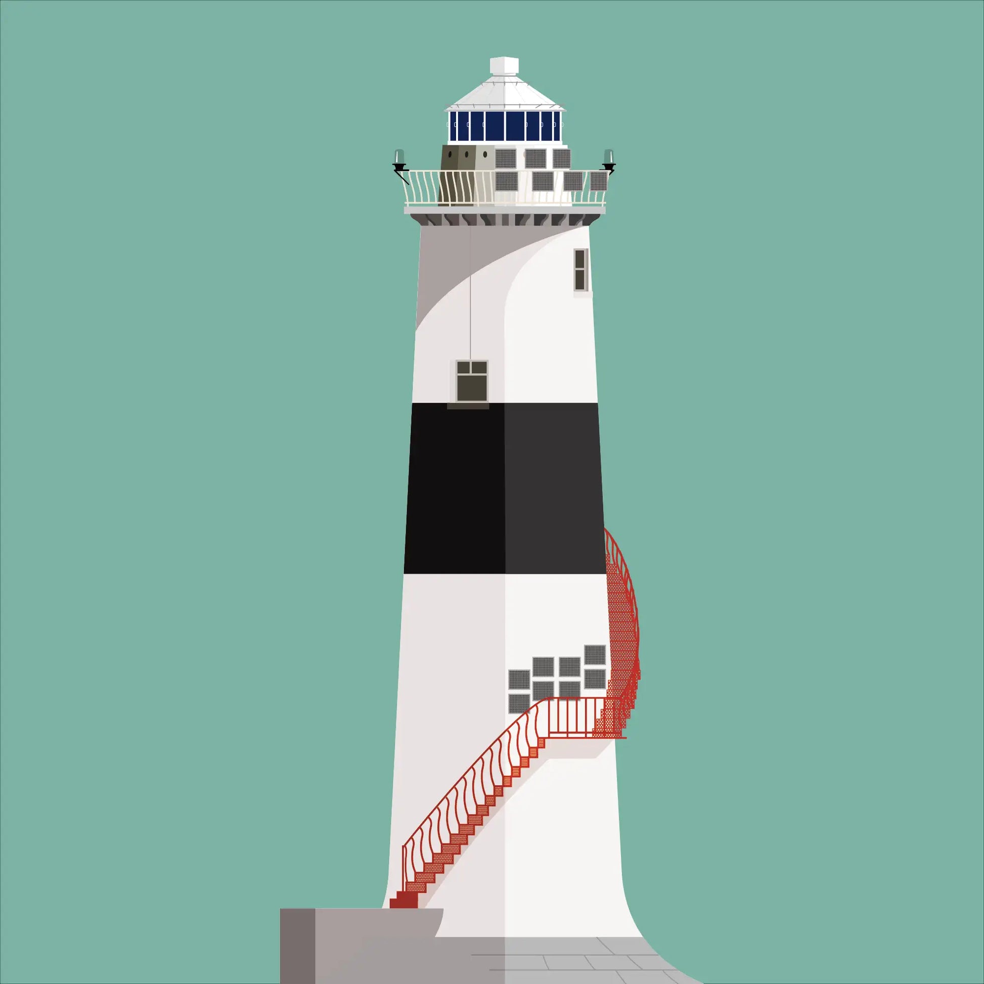 Illustration of Blackrock lighthouse on a white background inside light blue square.