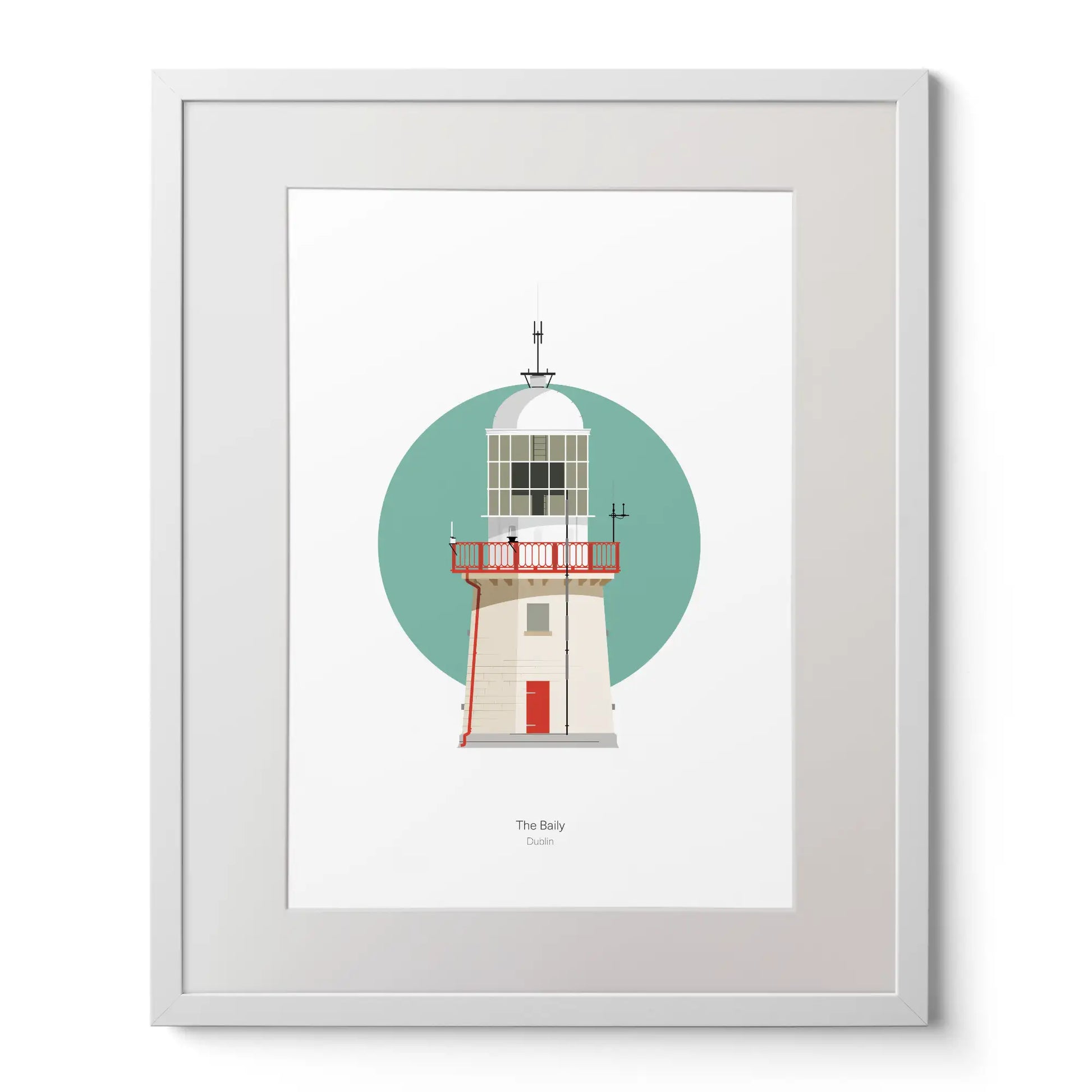 Illustration of The Baily lighthouse on a white background inside light blue square,  in a white frame measuring 40x50cm.