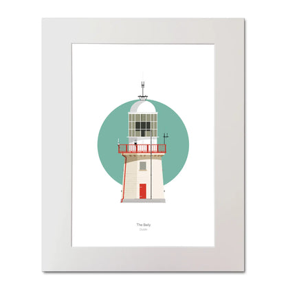 Illustration of The Baily lighthouse on a white background inside light blue square, mounted and measuring 40x50cm.