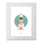 Illustration of The Baily lighthouse on a white background inside light blue square, mounted and measuring 40x50cm.
