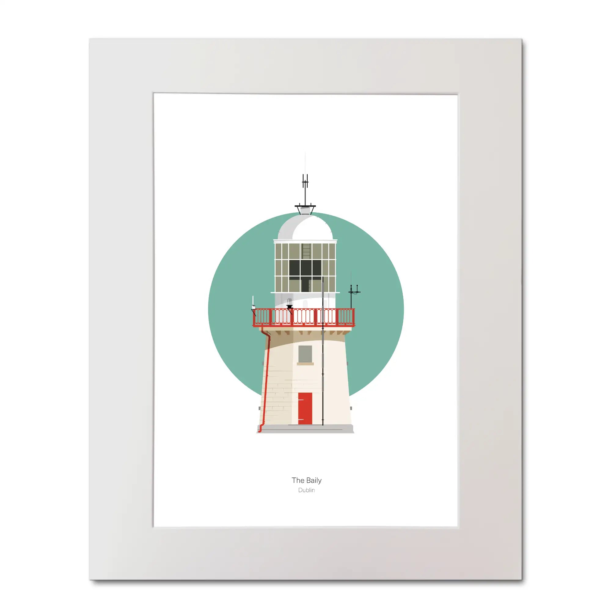 Illustration of The Baily lighthouse on a white background inside light blue square, mounted and measuring 40x50cm.