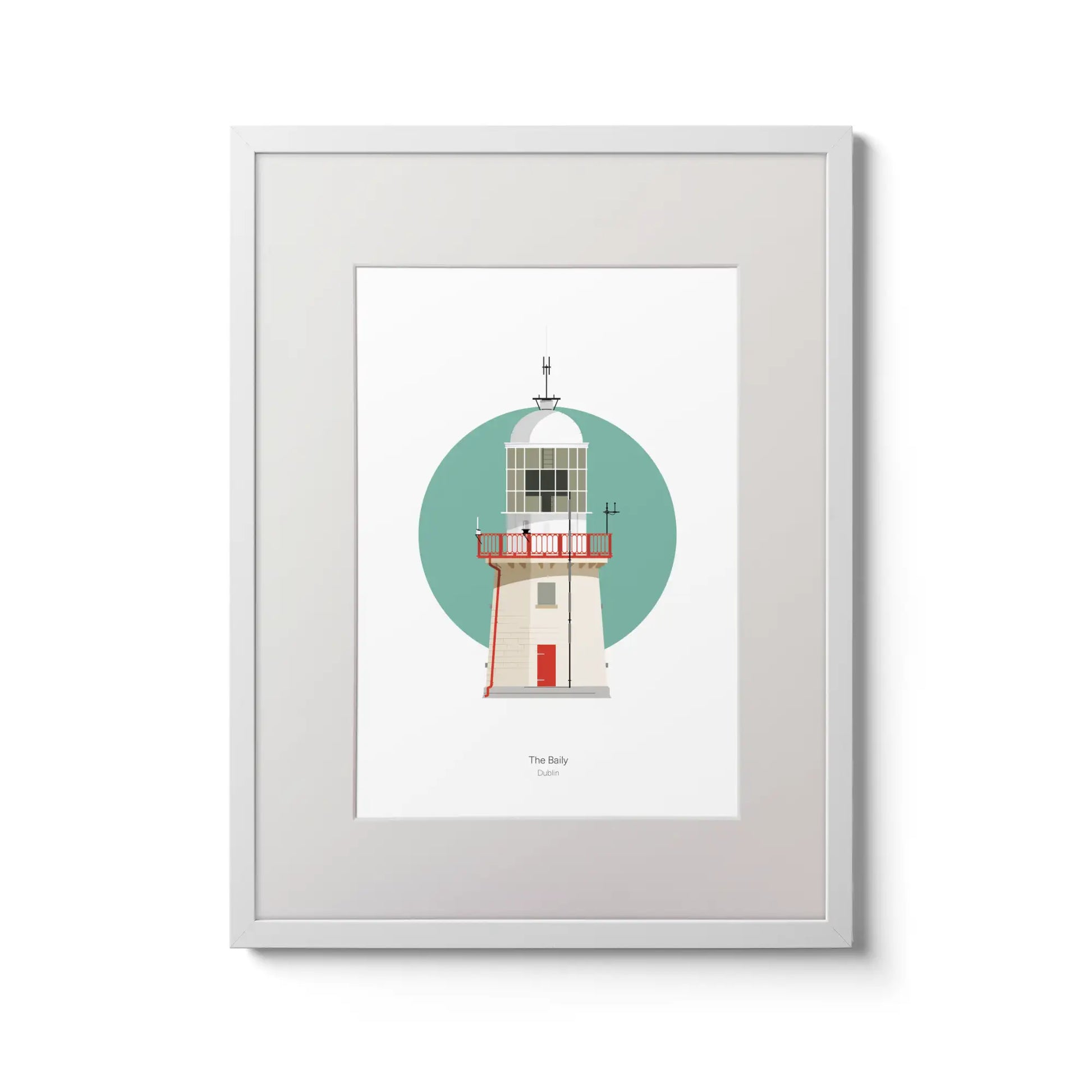 Illustration of The Baily lighthouse on a white background inside light blue square,  in a white frame measuring 30x40cm.