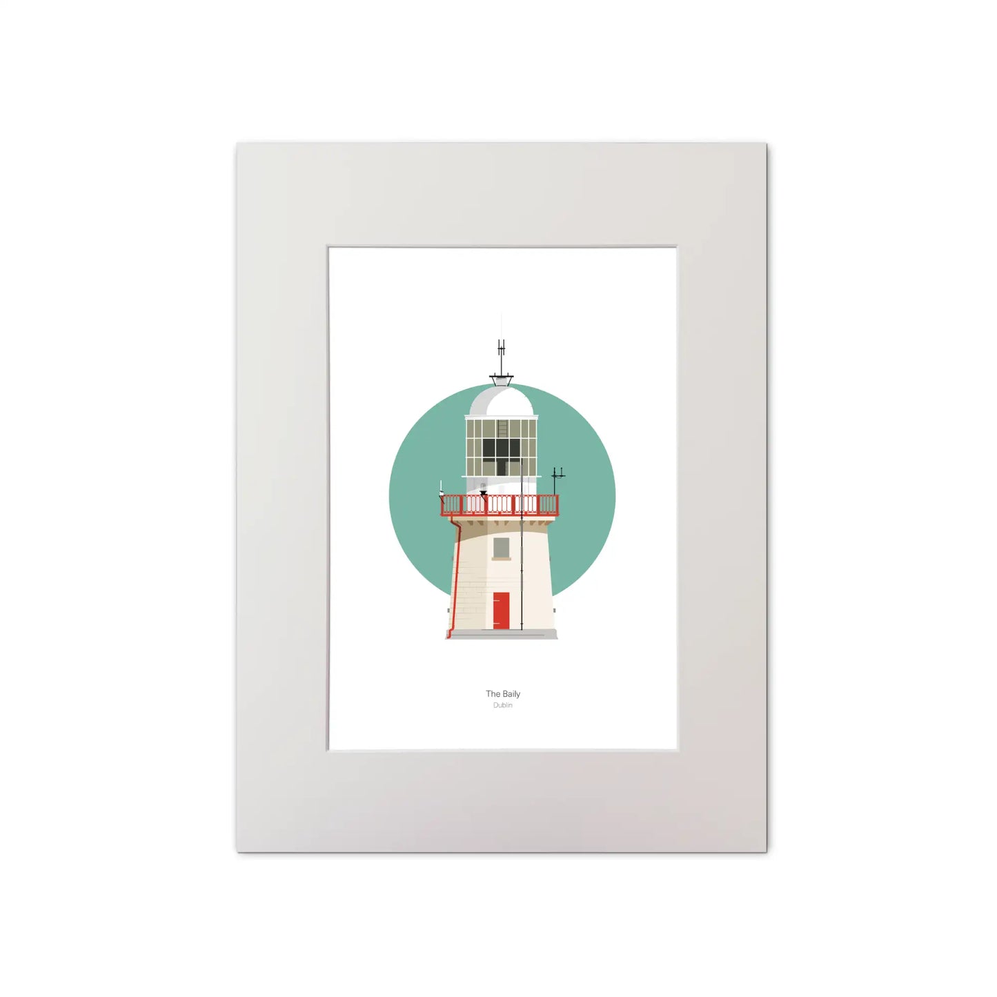 Illustration of The Baily lighthouse on a white background inside light blue square, mounted and measuring 30x40cm.