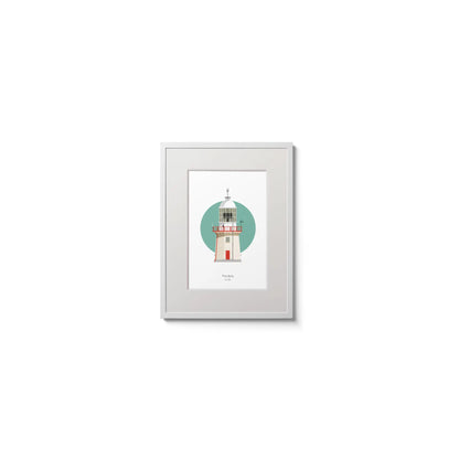 Illustration of The Baily lighthouse on a white background inside light blue square,  in a white frame measuring 15x20cm.