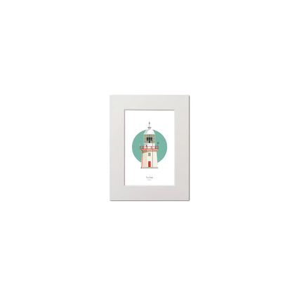Illustration of The Baily lighthouse on a white background inside light blue square, mounted and measuring 15x20cm.