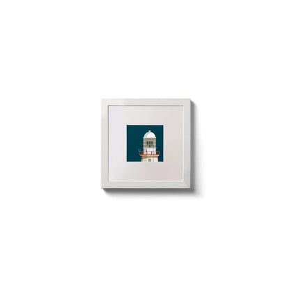 Illustration of The Baily lighthouse on a midnight blue background,  in a white square frame measuring 10x10cm.