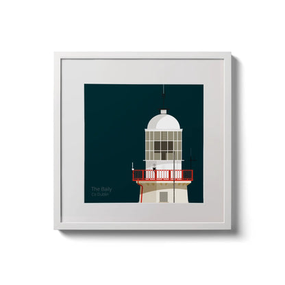 Illustration of The Baily lighthouse on a midnight blue background,  in a white square frame measuring 20x20cm.