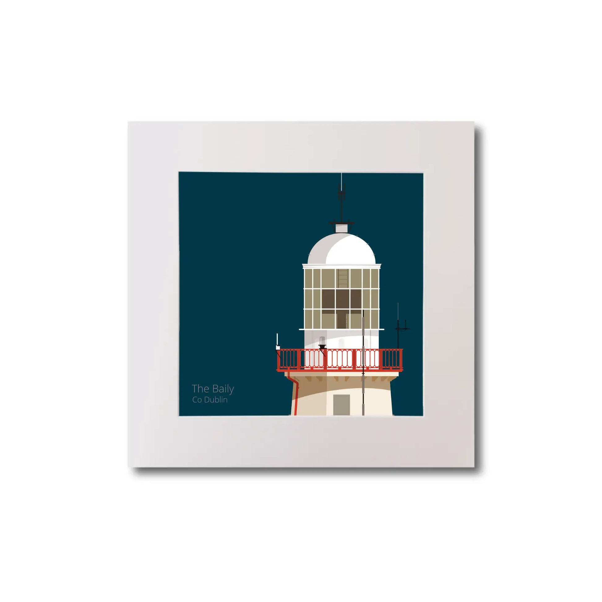 Illustration of The Baily lighthouse on a midnight blue background, mounted and measuring 20x20cm.