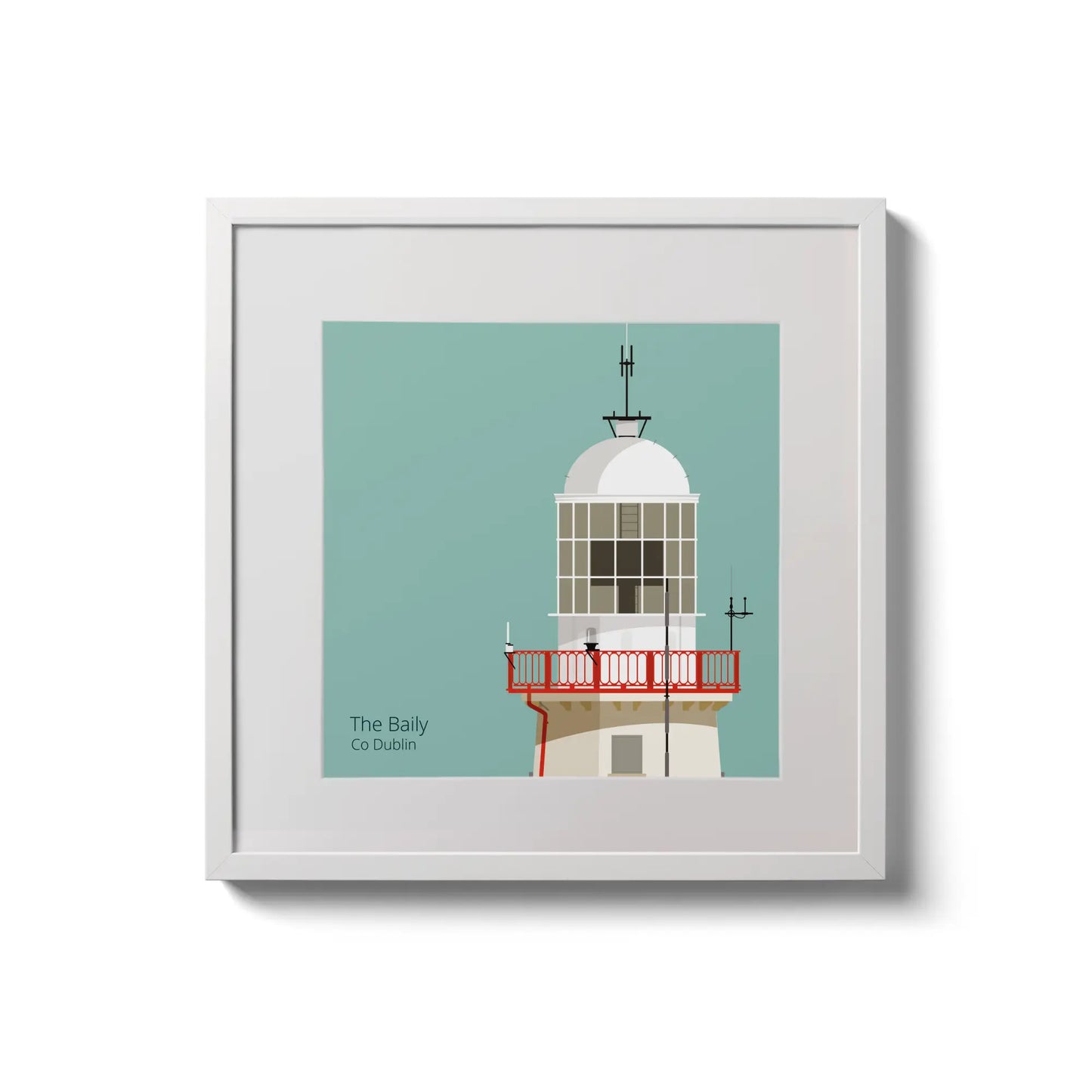 Illustration of The Baily lighthouse on an ocean green background,  in a white square frame measuring 20x20cm.
