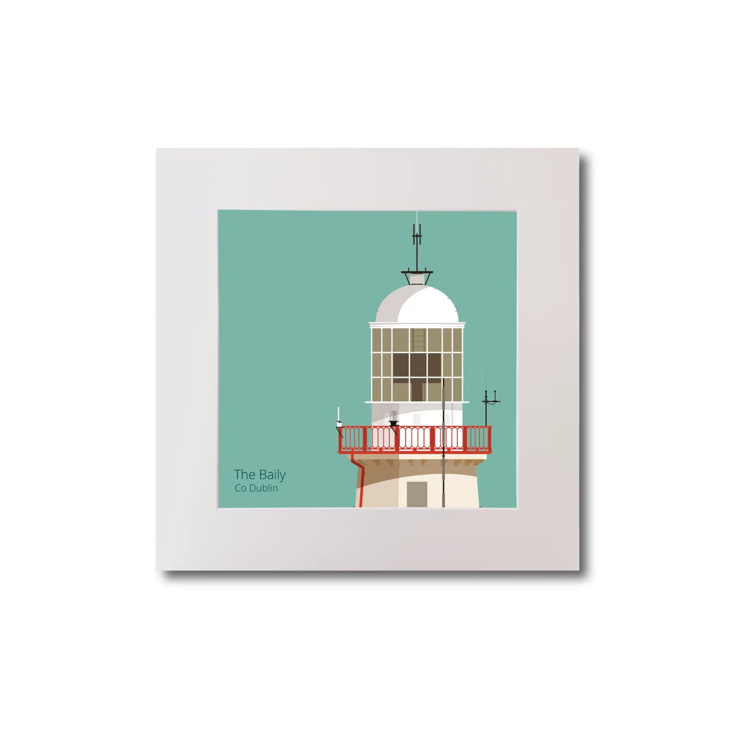 Illustration of The Baily lighthouse on an ocean green background, mounted and measuring 20x20cm.