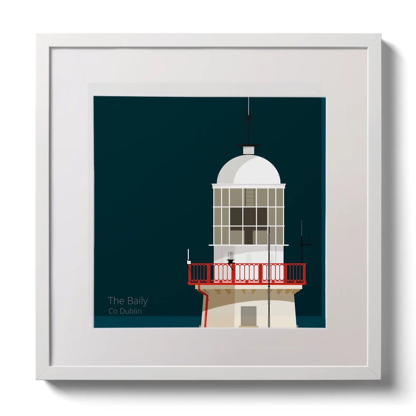 Illustration of The Baily lighthouse on a midnight blue background,  in a white square frame measuring 30x30cm.