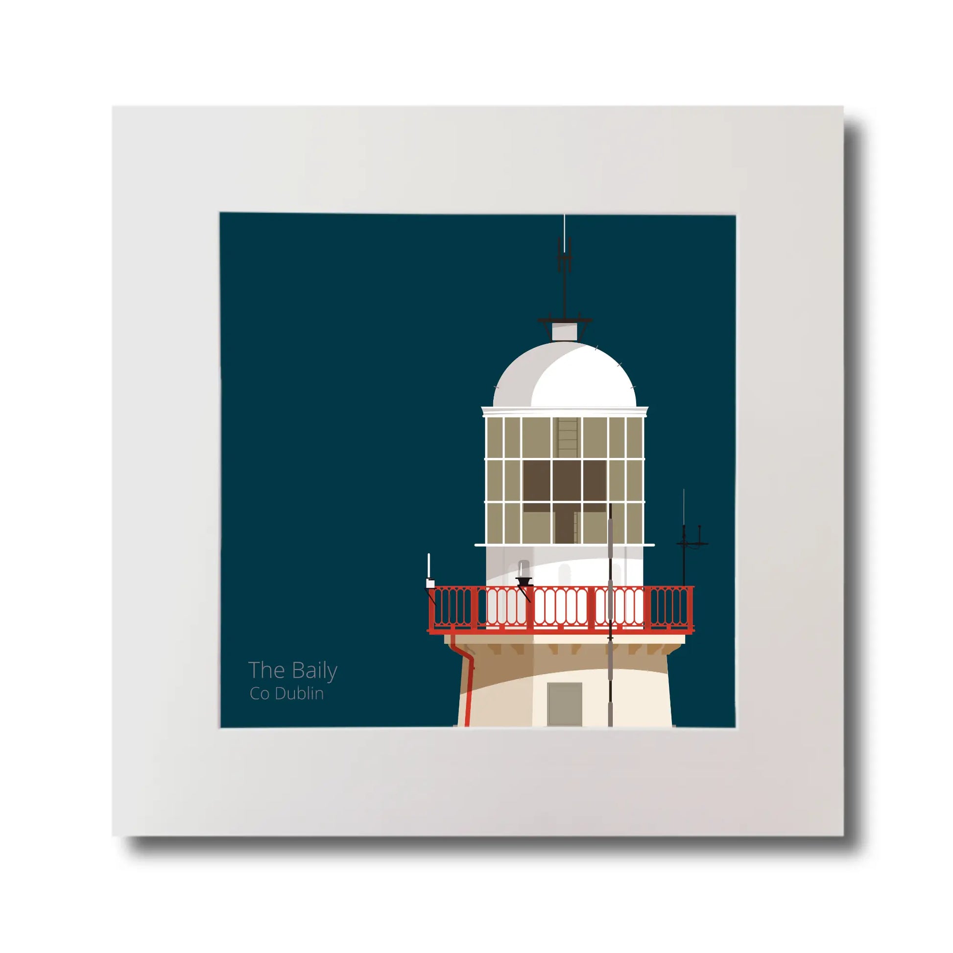 Illustration of The Baily lighthouse on a midnight blue background, mounted and measuring 30x30cm.