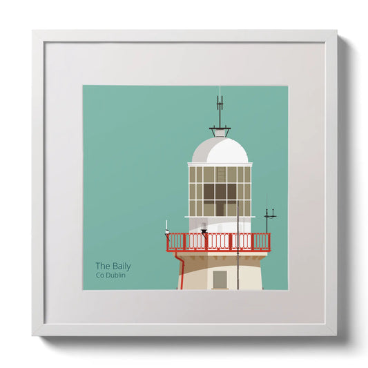 Illustration of The Baily lighthouse on an ocean green background,  in a white square frame measuring 30x30cm.