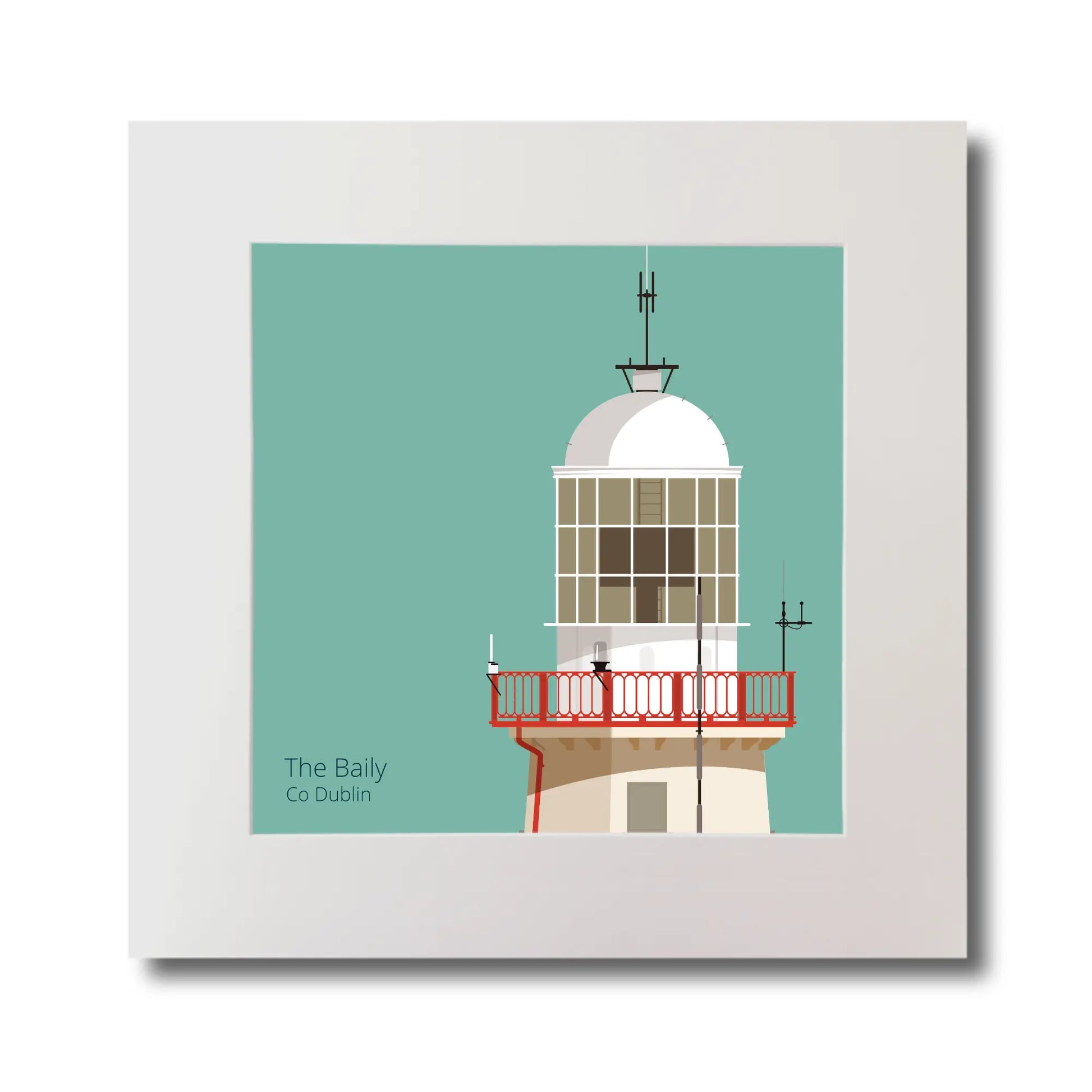 Illustration of The Baily lighthouse on an ocean green background, mounted and measuring 30x30cm.