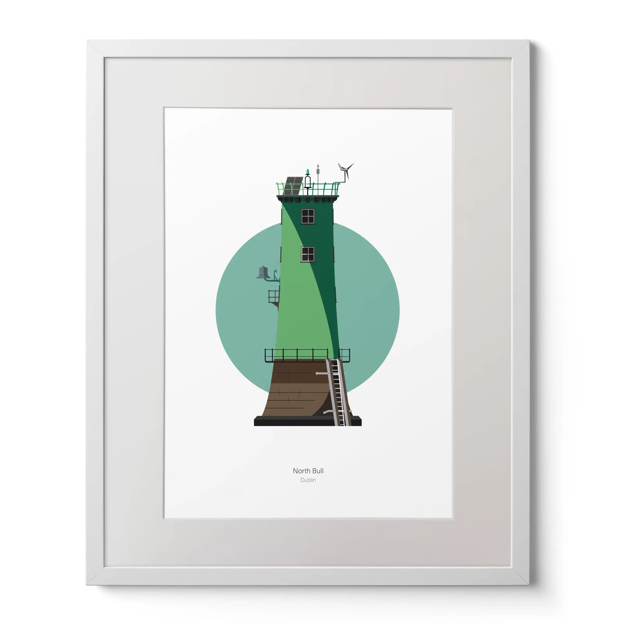 Illustration of North Bull lighthouse on a white background inside light blue square,  in a white frame measuring 40x50cm.