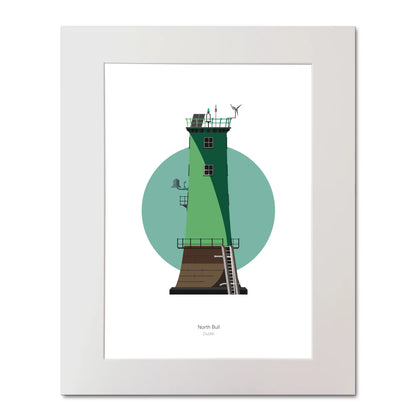 Illustration of North Bull lighthouse on a white background inside light blue square, mounted and measuring 40x50cm.