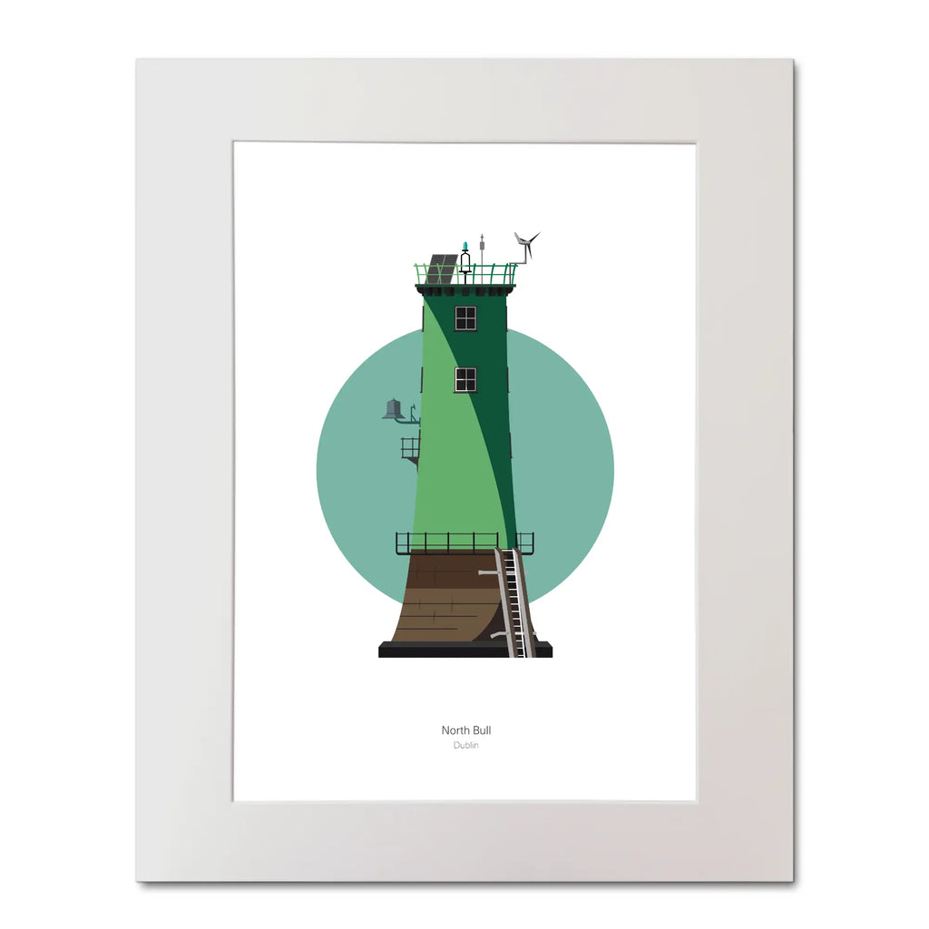 Illustration of North Bull lighthouse on a white background inside light blue square, mounted and measuring 40x50cm.