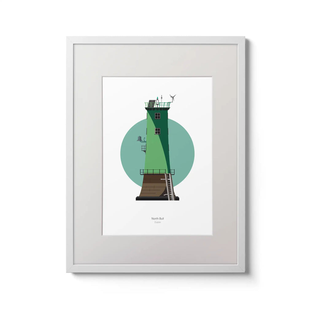 Illustration of North Bull lighthouse on a white background inside light blue square,  in a white frame measuring 30x40cm.