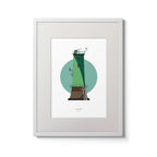Illustration of North Bull lighthouse on a white background inside light blue square,  in a white frame measuring 30x40cm.