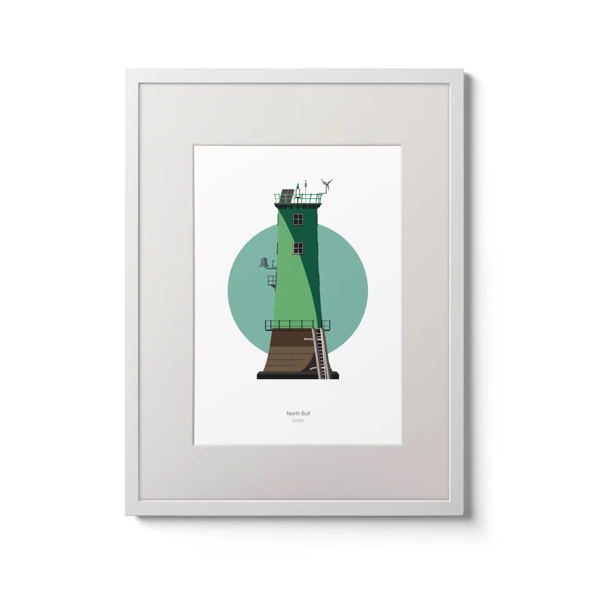 Illustration of North Bull lighthouse on a white background inside light blue square,  in a white frame measuring 30x40cm.