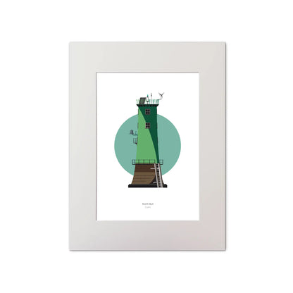 Illustration of North Bull lighthouse on a white background inside light blue square, mounted and measuring 30x40cm.