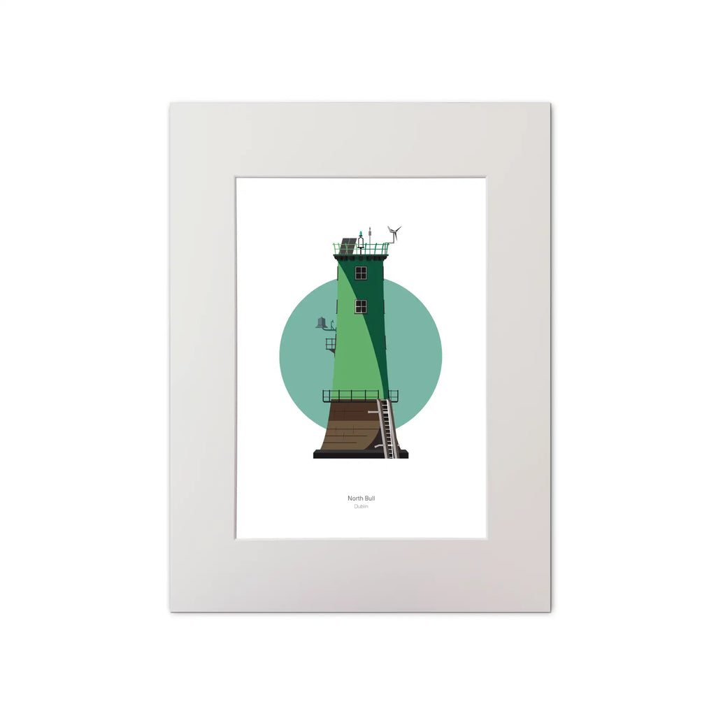 Illustration of North Bull lighthouse on a white background inside light blue square, mounted and measuring 30x40cm.