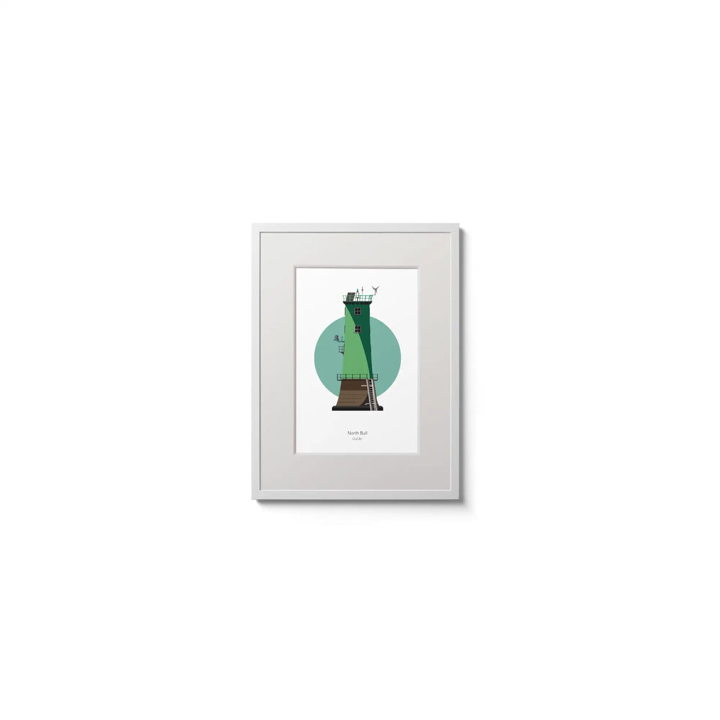 Illustration of North Bull lighthouse on a white background inside light blue square,  in a white frame measuring 15x20cm.