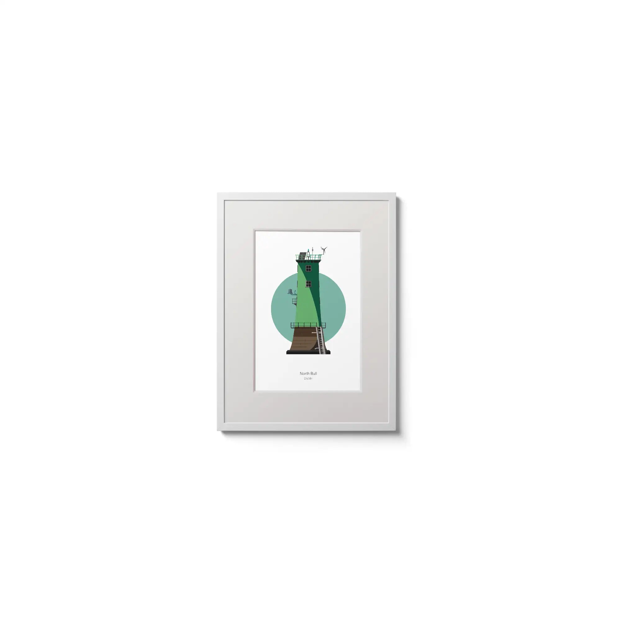 Illustration of North Bull lighthouse on a white background inside light blue square,  in a white frame measuring 15x20cm.