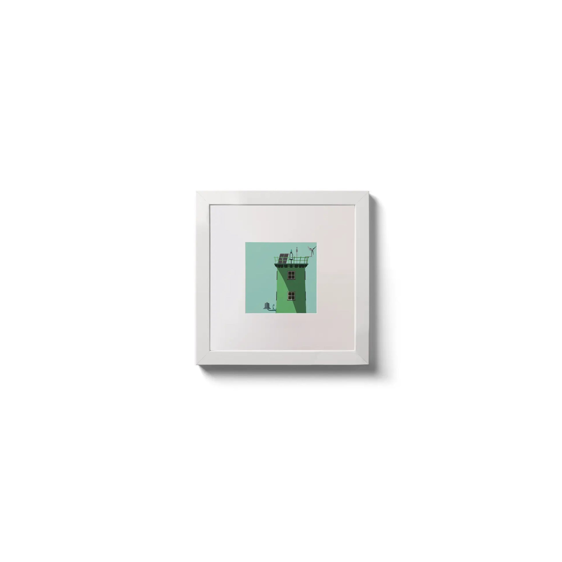 Illustration of North Bull lighthouse on an ocean green background,  in a white square frame measuring 10x10cm.