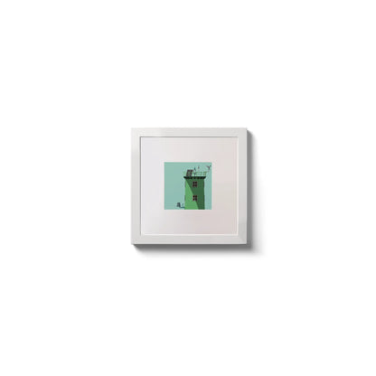 Illustration of North Bull lighthouse on an ocean green background,  in a white square frame measuring 10x10cm.