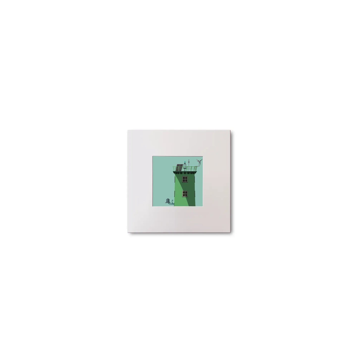 Illustration of North Bull lighthouse on an ocean green background, mounted and measuring 10x10cm.
