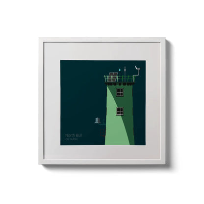 Illustration of North Bull lighthouse on a midnight blue background,  in a white square frame measuring 20x20cm.