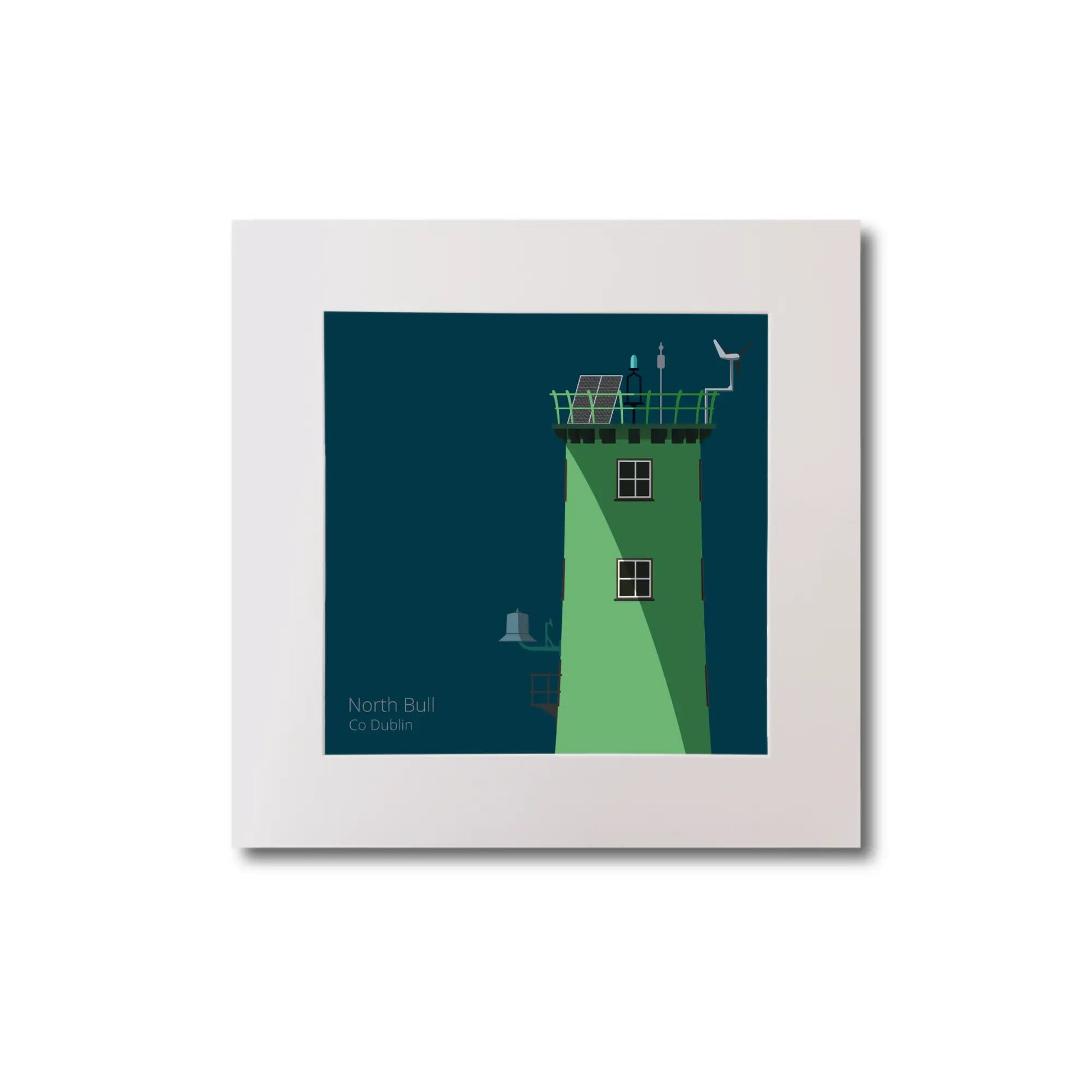 Illustration of North Bull lighthouse on a midnight blue background, mounted and measuring 20x20cm.
