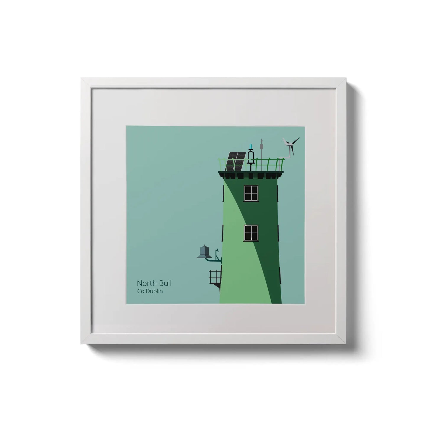 Illustration of North Bull lighthouse on an ocean green background,  in a white square frame measuring 20x20cm.