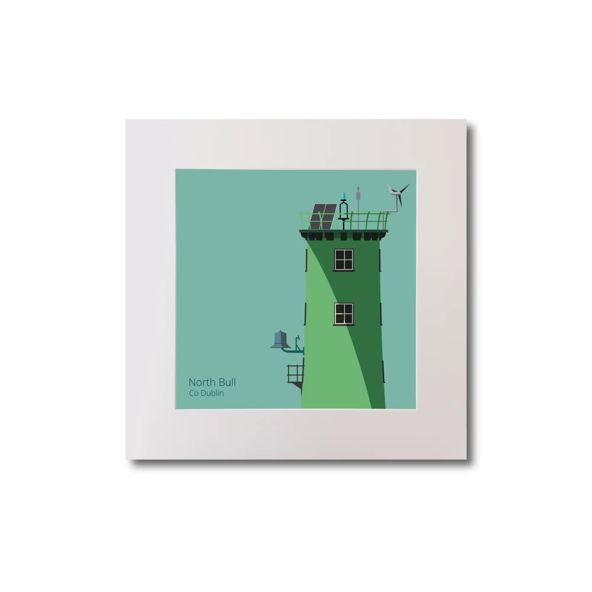 Illustration of North Bull lighthouse on an ocean green background, mounted and measuring 20x20cm.