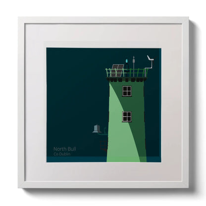 Illustration of North Bull lighthouse on a midnight blue background,  in a white square frame measuring 30x30cm.