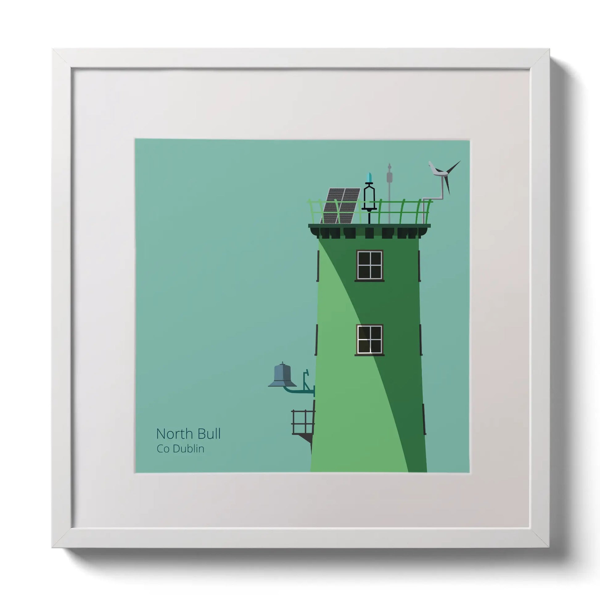 Illustration of North Bull lighthouse on an ocean green background,  in a white square frame measuring 30x30cm.