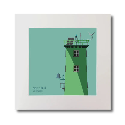 Illustration of North Bull lighthouse on an ocean green background, mounted and measuring 30x30cm.