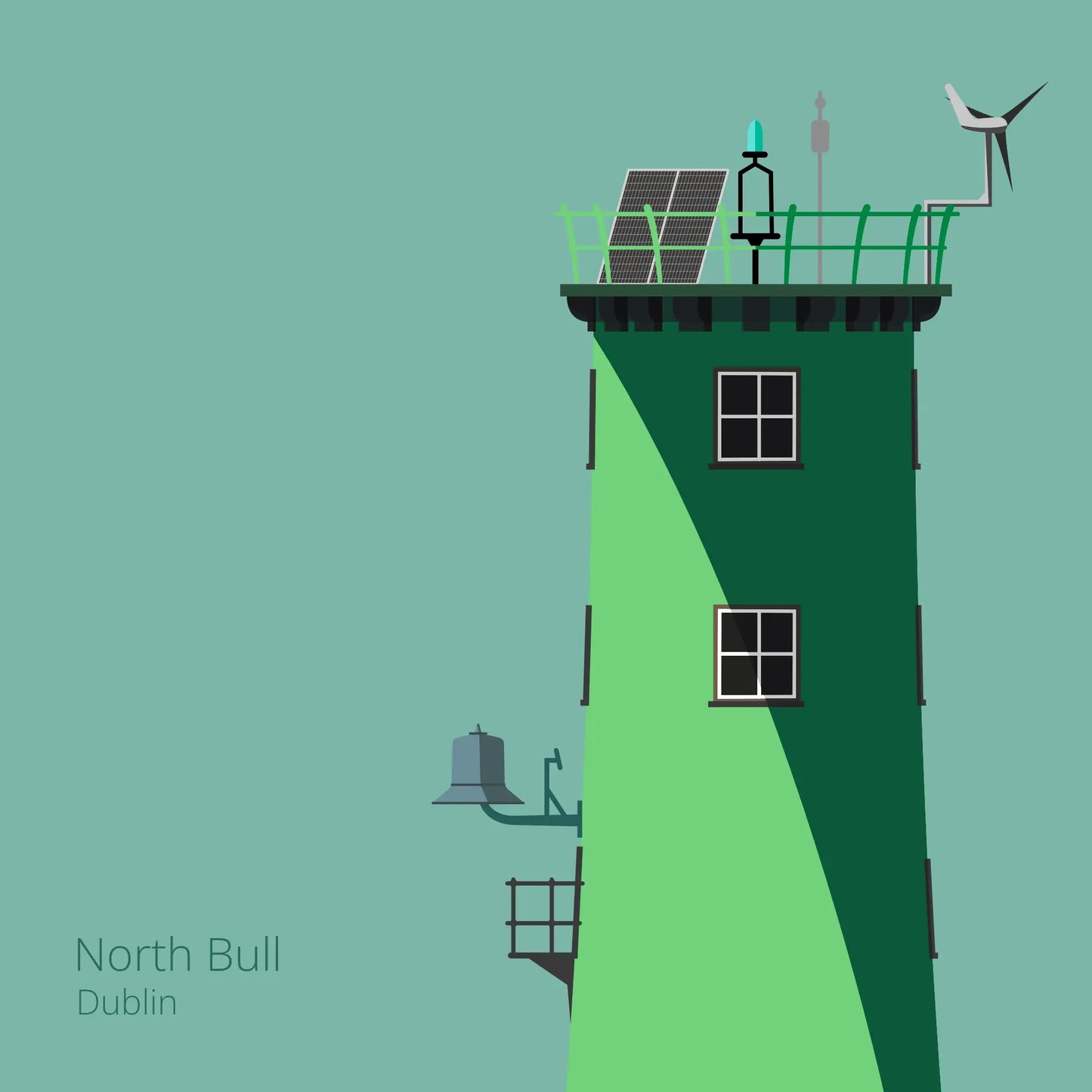 Illustration of North Bull lighthouse on an ocean green background