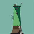 Illustration of North Bull lighthouse on a white background inside light blue square.