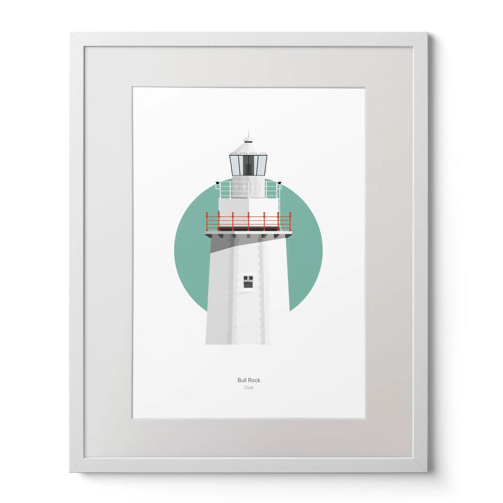 Illustration of Bull Rock lighthouse on a white background inside light blue square,  in a white frame measuring 40x50cm.