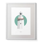 Illustration of Bull Rock lighthouse on a white background inside light blue square,  in a white frame measuring 40x50cm.
